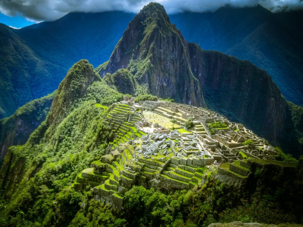 The Inca Temple tour in the distance of Machu Picchu near Aguas Calientes, Peru.