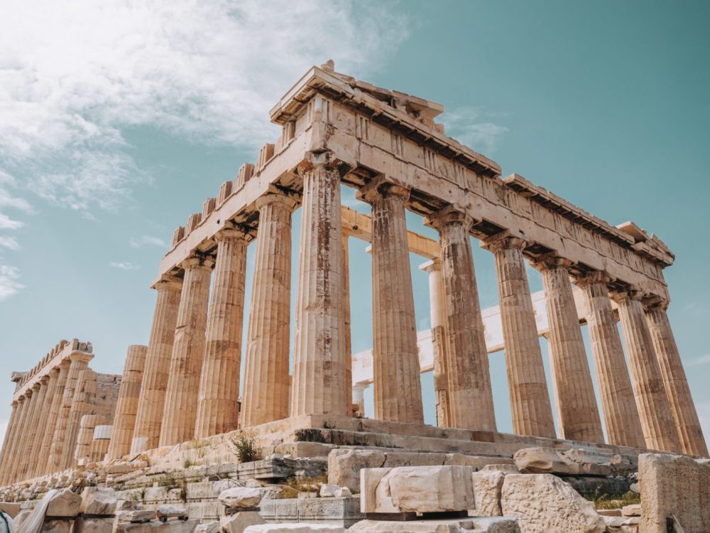 A student travel tour of the ruins in Parthenon Acropolis, Athens Greece.