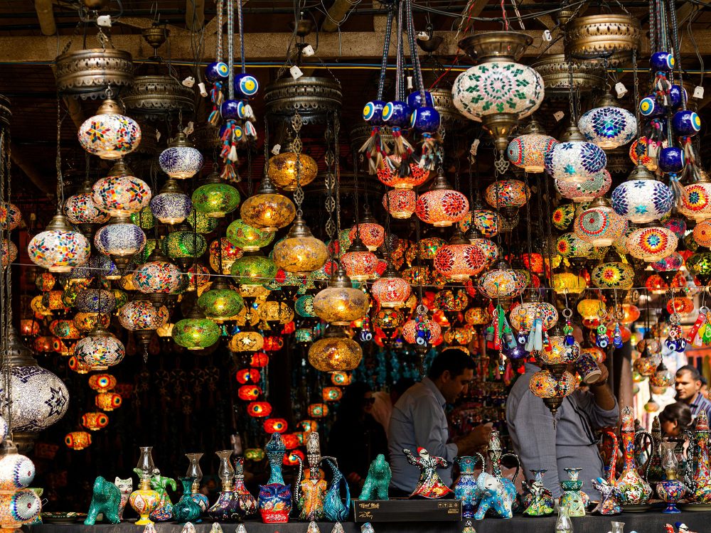 Interior detail of the Grand Bazaar shops with lamps in Istanbul Turkey.