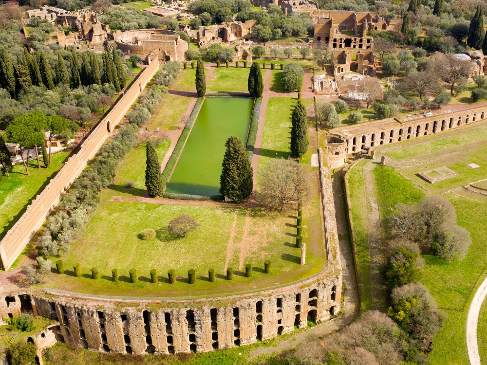 Aerial view of the Pecile in Hadrians Villa Villa Adriana, Rome, Italy.