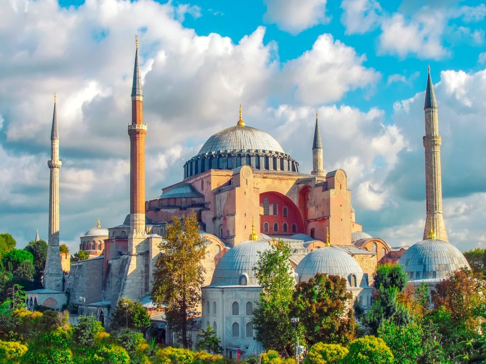 Sunny day architecture and Hagia Sophia Museum in Eminonu, Istanbul, Turkiye.