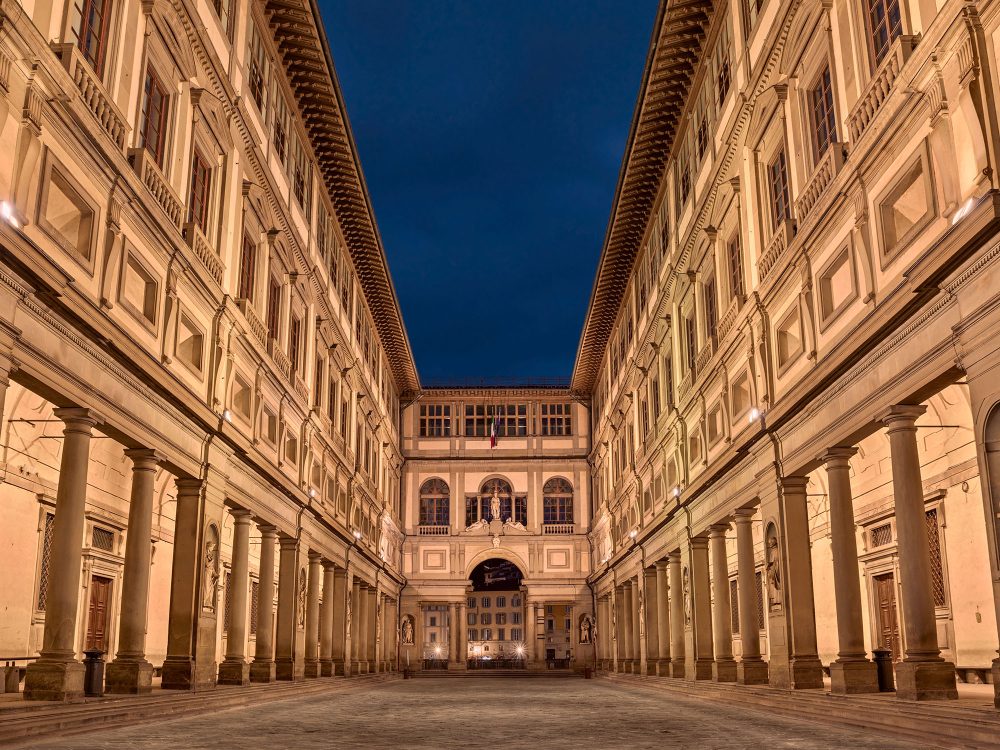 Florence, Tuscany, Italy: the outside of the Uffizi Gallery (Italian: Galleria degli Uffizi), famous art museum which holds a collection of priceless works, especially from the Renaissance period for the Art & Architecture tour.