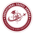Circular maroon-and-white logo badge for Educational Travel Abroad, featuring a compass, an airplane, and a graduation cap.